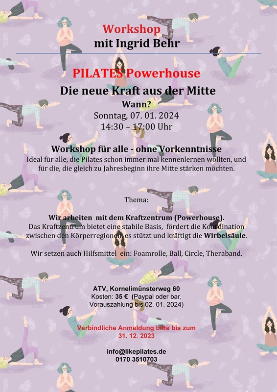 Plakat Pilates-Workshop am 7.01.2024